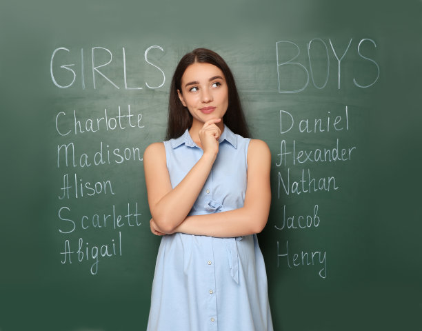 孕妇旁边的绿色黑板上有不同的婴儿名字图片下载