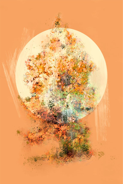 阳光下的彩色树。橙色和黄色的色调。感觉良好，宁静和快乐。图片下载