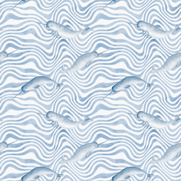 水彩蓝独角鲸波浪条纹无缝图案背景图片下载