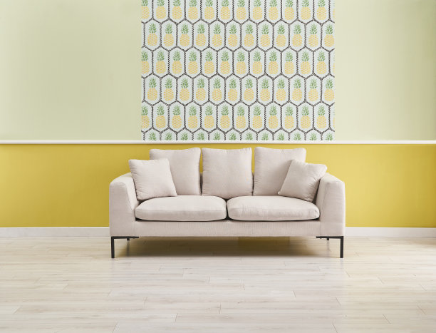 家庭室内空的客厅与黄色壁纸图片下载