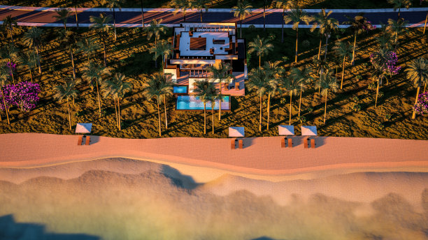 3d渲染的现代房子在豪华风格的海边或日落的海洋图片下载