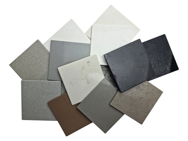 拼贴人造石头样本孤立在白色背景与剪接路径的室内设计。coloristics。各种颜色和图案的石英石样品。图片下载