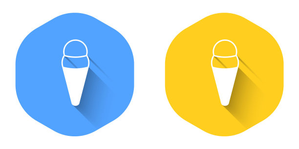 白色冰淇淋在华夫蛋筒图标孤立与长阴影背景。甜蜜的象征。圆按钮。向量图片下载