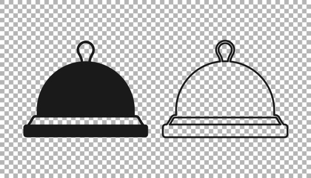 黑色覆盖托盘食品图标孤立透明的背景。托盘和盖子标志。带盖子的餐厅钟。向量图片下载