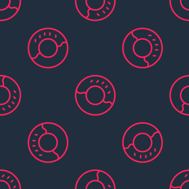 红线甜甜圈与甜釉图标孤立无缝图案黑色背景。向量图片下载