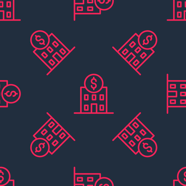 红线银行大楼图标孤立无缝图案黑色背景。向量图片下载