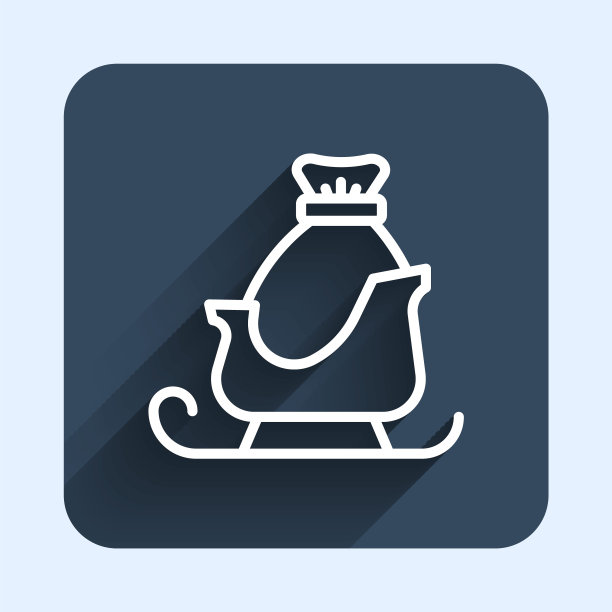 圣诞老人雪橇与麻袋图标，蓝色方钮长阴影隔离矢量图图片下载