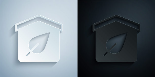 剪纸生态友好的房子图标孤立在灰色和黑色的背景。带树叶的生态屋。纸艺术风格。向量图片下载