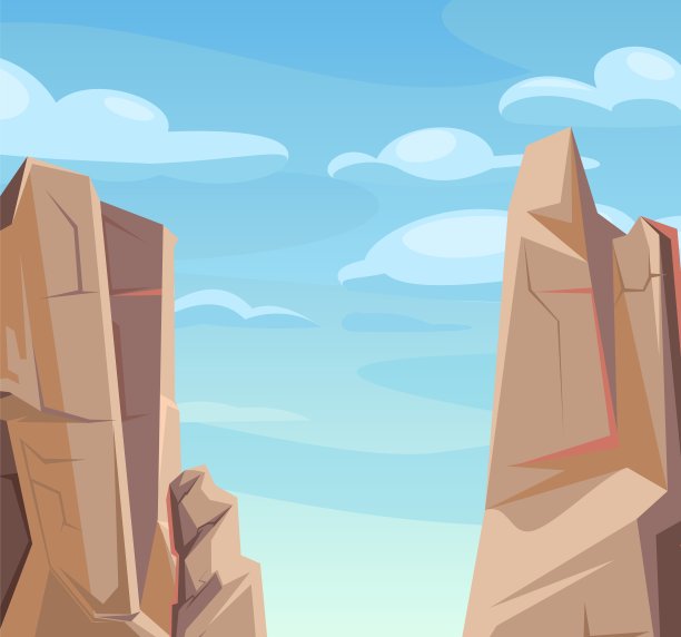 落基山峡谷。浮雕的顶部。石岩石景观。高高的山峰和悬崖。天空的云。说明向量图片下载