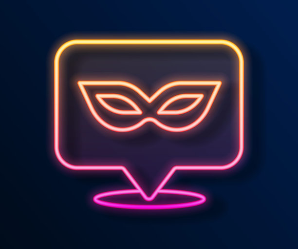 发光的霓虹灯线嘉年华面具图标孤立的黑色背景。化妆舞会面具。向量图片下载