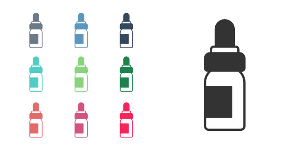 黑色精油瓶图标孤立的白色背景。有机芳香疗法的本质。护肤精华玻璃滴包。设置图标丰富多彩。向量图片下载