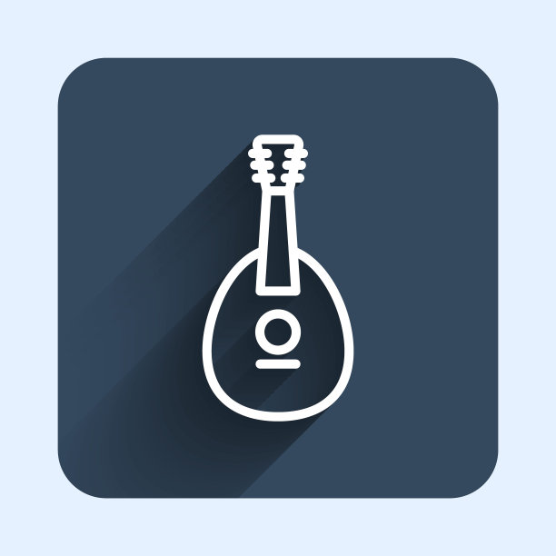 白线传统乐器曼陀林图标孤立与长阴影背景。蓝色方块按钮。向量图片下载