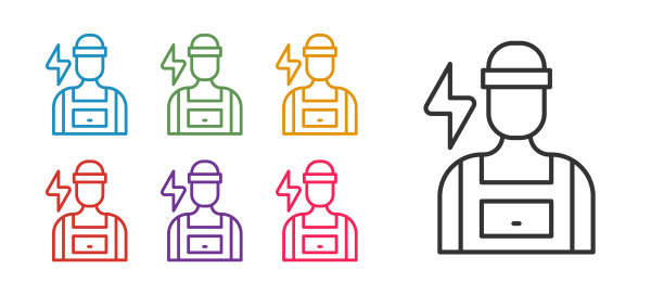 设置线电工技术员工程师图标隔离在白色背景上。设置图标丰富多彩。向量图片下载