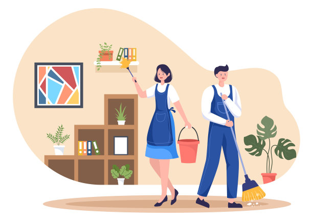 清洁服务平台设计插图。人们在房子里吸尘，擦灰尘和清扫地板作为背景，横幅或海报图片下载