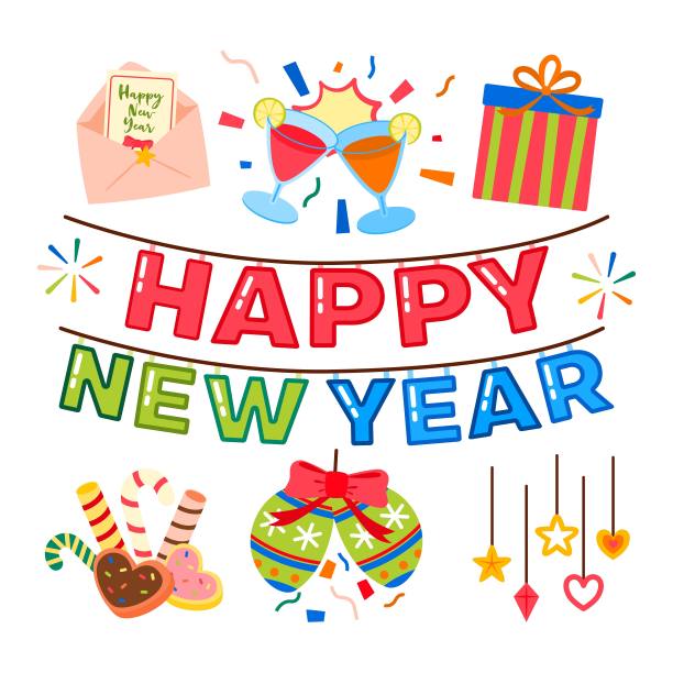 新年快乐，装饰，甜饼干和糖果，礼品盒，可爱的颜色，矢量，插图图片下载