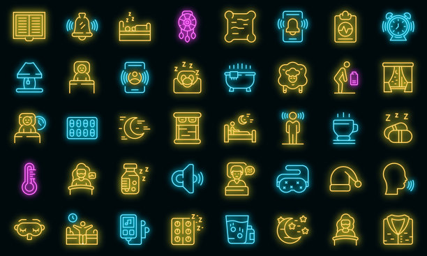 睡眠问题霓虹灯图标集矢量图图片下载
