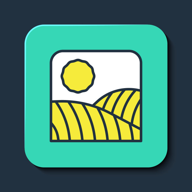 填充轮廓农业麦田农场农村自然景观景观图标孤立在蓝色背景。绿松石平方按钮。向量图片下载