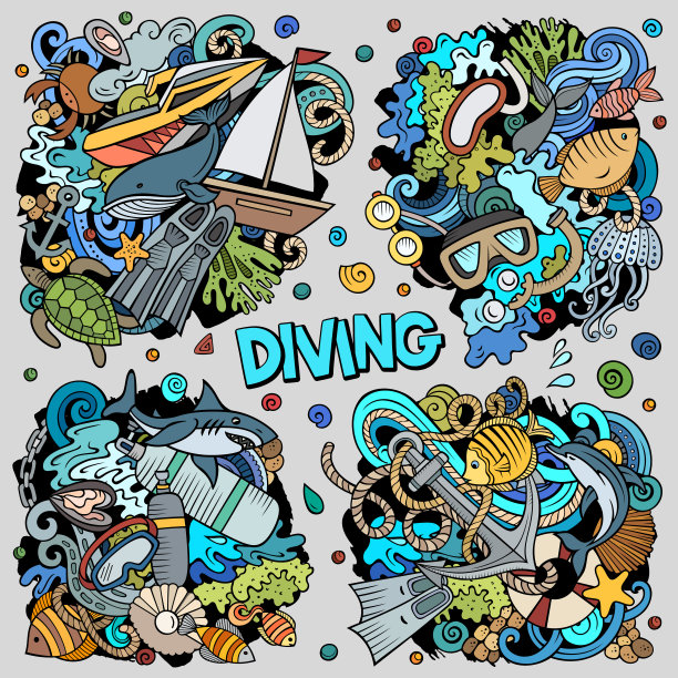 潜水卡通矢量涂鸦设计集。图片下载