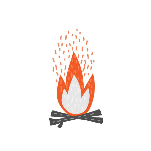 卡通bonefire。黑色的树枝或木柴在红色的火中燃烧。燃烧的木头。矢量手绘插图孤立的白色背景。露营的颜色图标为网络横幅，营地烹饪或烧烤。图片下载