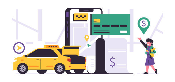 网上叫车服务。成功在线支付城市出租车服务。展示着城市地图的电话，付款收据，银行卡，一辆黄色汽车，一个女孩。平面向量插图图片下载