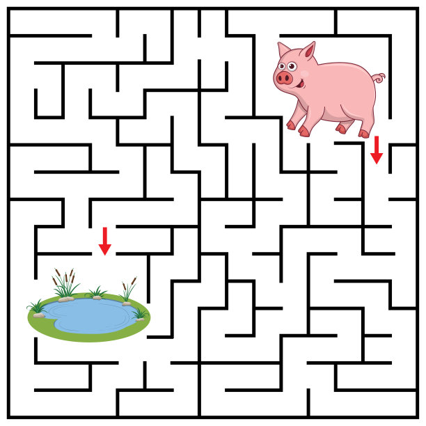 迷宫或迷宫儿童卡通猪。找到正确的路去湖。答案在这层下面。广场拼图游戏。迷宫难题。教育工作表。活动页面。儿童逻辑游戏图片下载