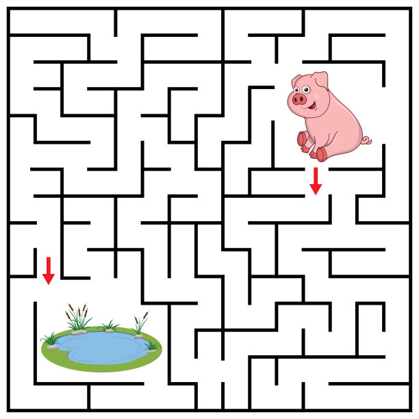 迷宫或迷宫儿童卡通猪。找到正确的路去湖。答案在这层下面。广场拼图游戏。迷宫难题。教育工作表。活动页面。儿童逻辑游戏图片下载