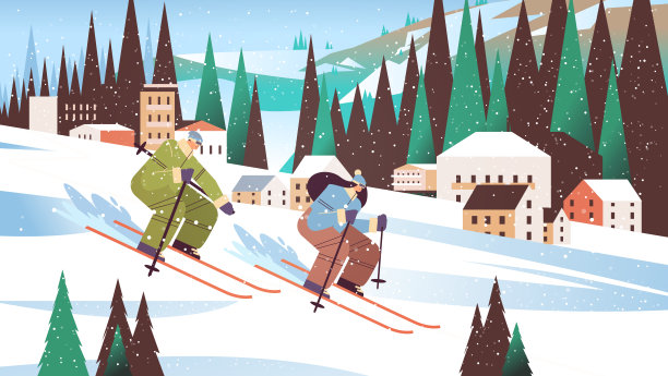 人们滑雪，男女游客夫妇做活动，冬季假期概念降雪景观背景图片下载