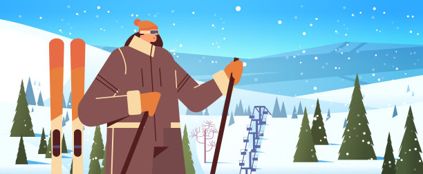 滑雪者妇女站着装备运动员滑雪做活动冬季假期概念降雪景观图片下载