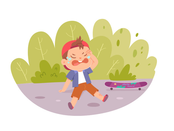 孩子因摔倒在地上而受伤，男孩在哭泣，男孩在玩滑板图片下载