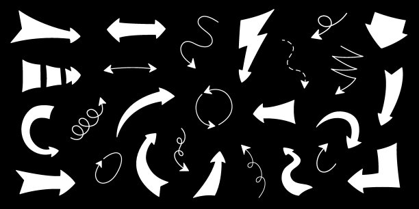 箭头设置在卡通风格的矢量插图。收藏箭头手画。方向标志孤立的轮廓在白色背景上。用于装饰规划师、日记本、日记本和笔记本的简单元素图片下载