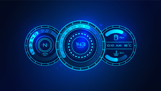 未来HUD汽车速度计。液位汽油刻度，汽车转速表，汽车速度表。现代霓虹灯数字集孤立的仪表盘。测量速度，转速技术说明。图片下载