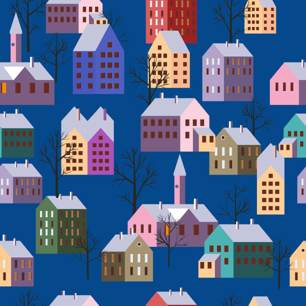无缝的冬季城市景观。圣诞小镇，树屋，季节性的新年和圣诞节假期。矢量插图极简主义风格图片下载