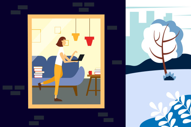 女性自由职业者在家工作。半幢房子和一条街的插图。冬季矢量插图在平坦的风格。图片下载