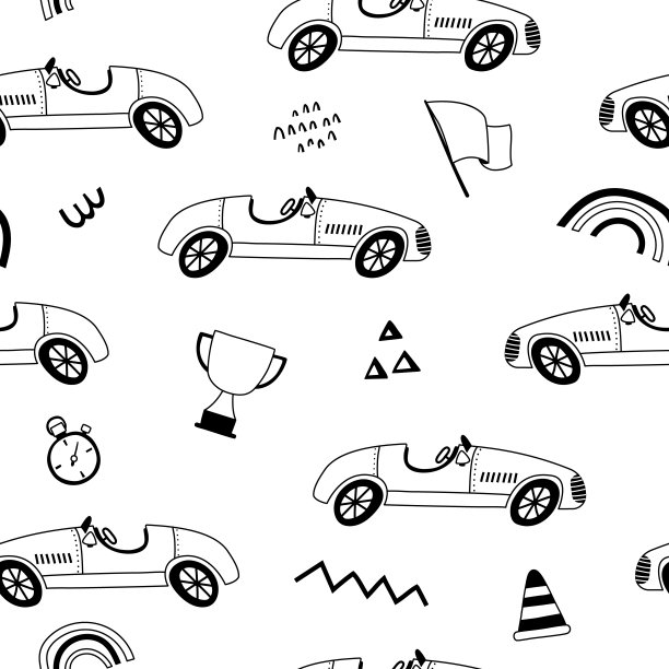 无缝图案与复古赛车在手画风格。手绘轮廓。适用于纺织品，贴纸，卡片，墙纸，包装纸。孤立的白色背景矢量插图图片下载