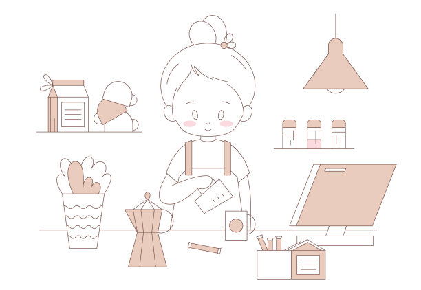 女孩咖啡师酝酿咖啡线艺术矢量插图。女可爱的人在咖啡厅或咖啡厅在围裙煮咖啡。图片下载