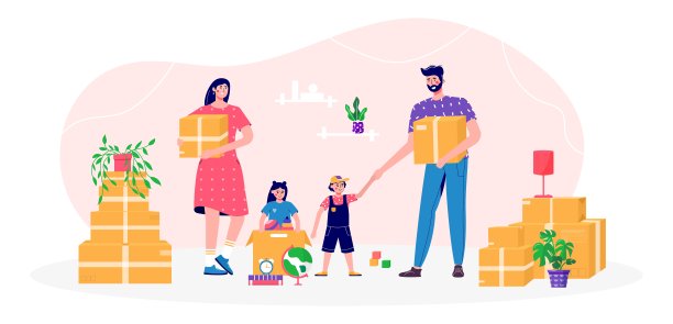 带着孩子的家庭搬新家，房子。人们移动和收集箱子里的物资。男人和女人的卡通人物打包行李。年轻夫妇拆箱概念，送货，搬迁，搬箱子图片下载