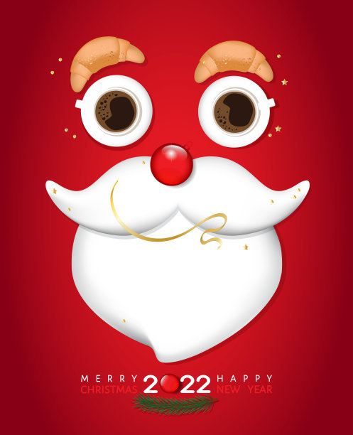 圣诞快乐，2022年新年快乐海报，咖啡杯，羊角面包，冷杉枝圣诞老人的脸素材图片