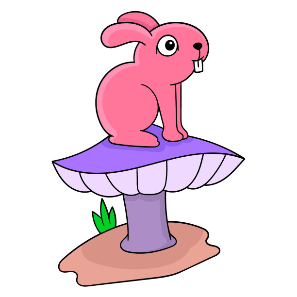 兔子正坐在一个巨大的蘑菇上，矢量插画艺术。涂鸦图标形象卡哇伊。图片下载