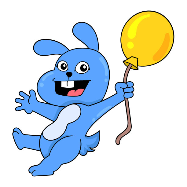 快乐可爱的小兔子扛着黄色生日气球，矢量插画艺术。涂鸦图标形象卡哇伊。图片下载