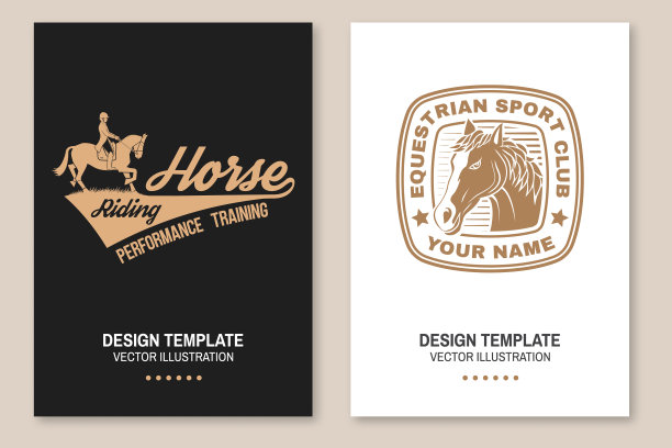 套骑马运动俱乐部传单，小册子，横幅，海报。矢量插图。复古的单色马术标签与骑手和马的轮廓。骑马运动。图片下载
