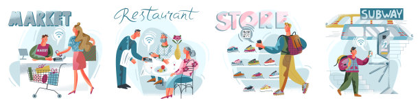 无现金支付套装，人们使用手机支付购物，订购，旅游图片下载