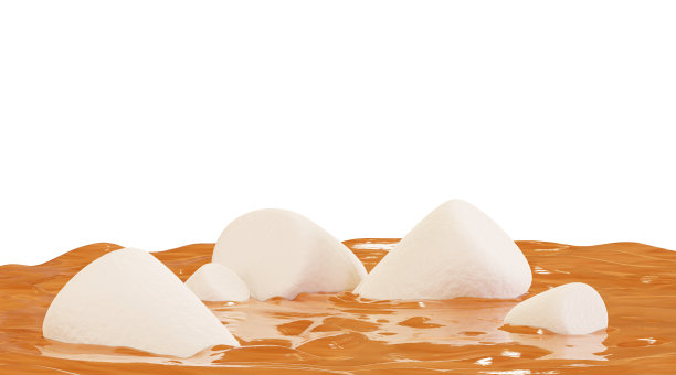 热可可和棉花糖，特写。棉花糖融化在热巧克力，孤立的白色背景。逼真的3 d渲染。图片下载