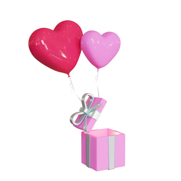 打开礼品盒和心形气球，3d渲染。情人节快乐横幅。三维插图，孤立在白色背景上。图片下载