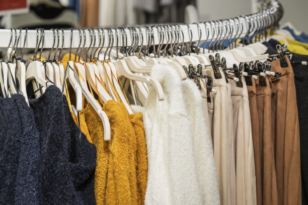 季节妇女衣服在衣架上的特写，分类在服装店，季节销售，折扣图片下载