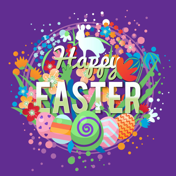 彩色快乐复活节贺卡与花、蛋和兔子元素组成。图片下载
