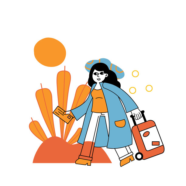 带着行李箱度假的女人。旅行和休息。女孩的行李。抽象的自然背景。勾勒极简主义女性人物图片下载