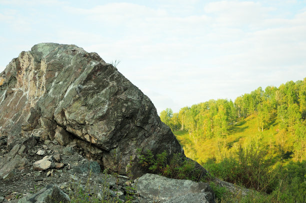 一个巨大的石头在山坡上俯瞰针叶林在晚上。图片下载