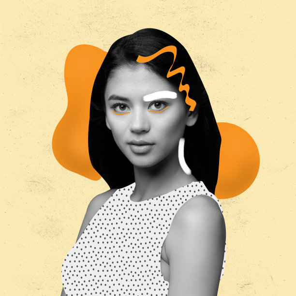 当代艺术拼贴年轻女子摆孤立的黄色背景。画配饰元素图片下载