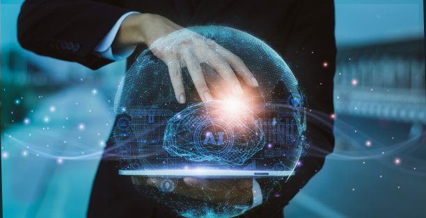 概念未来创新、技术、物联网、商人持有地球和大脑全息图界面屏幕显示分析、人工智能或人工智能系统、横幅标题、全景图片下载