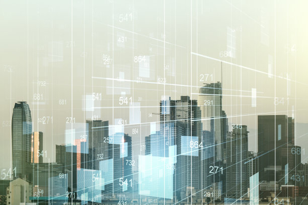 摘要虚拟统计数据全息图在洛杉矶天际线的背景。Multiexposure图片下载